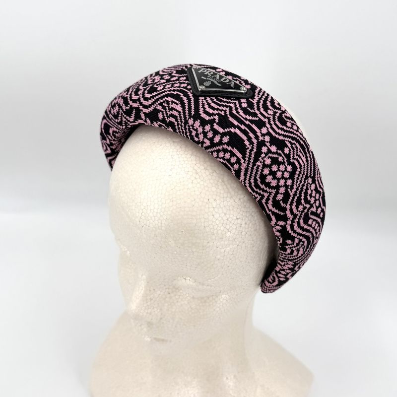 Prada Hair Headband Triangle Logo Canvas Black Pink Silver