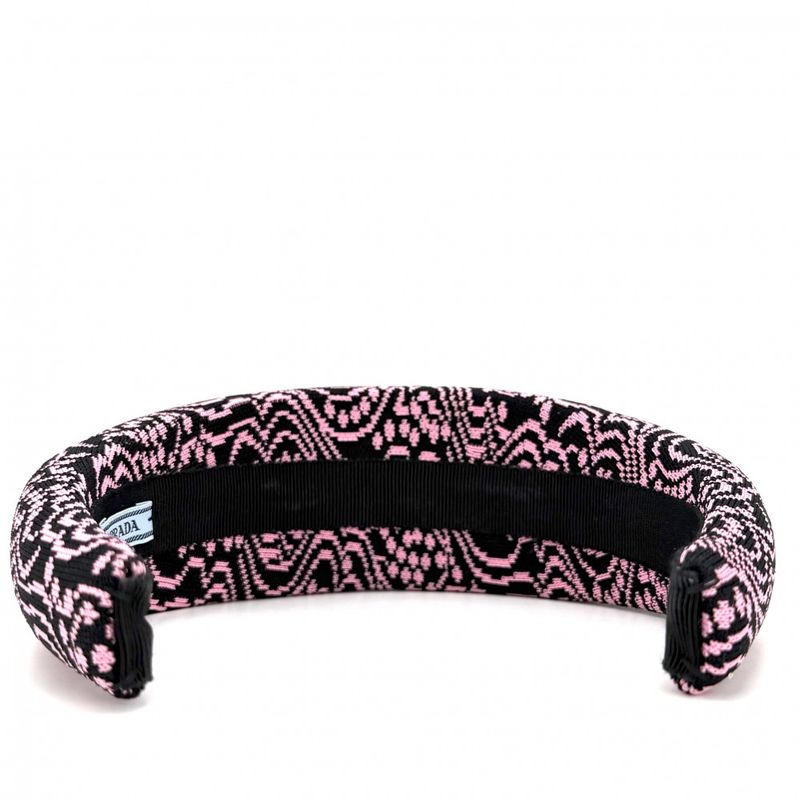 Prada Hair Headband Triangle Logo Canvas Black Pink Silver