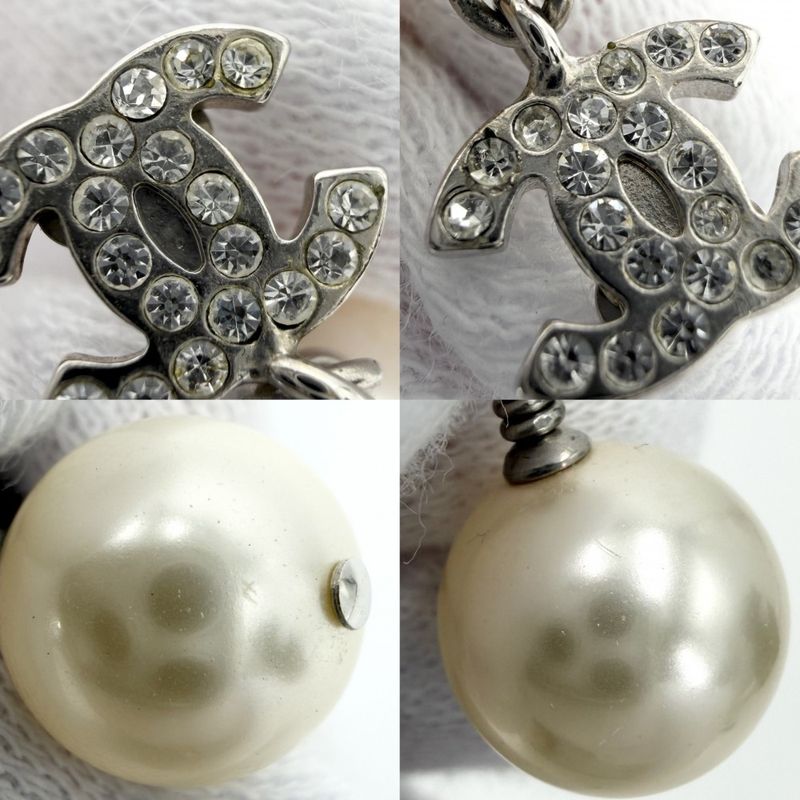 Chanel Earrings CC Logo Swing Rhinestone White Silver