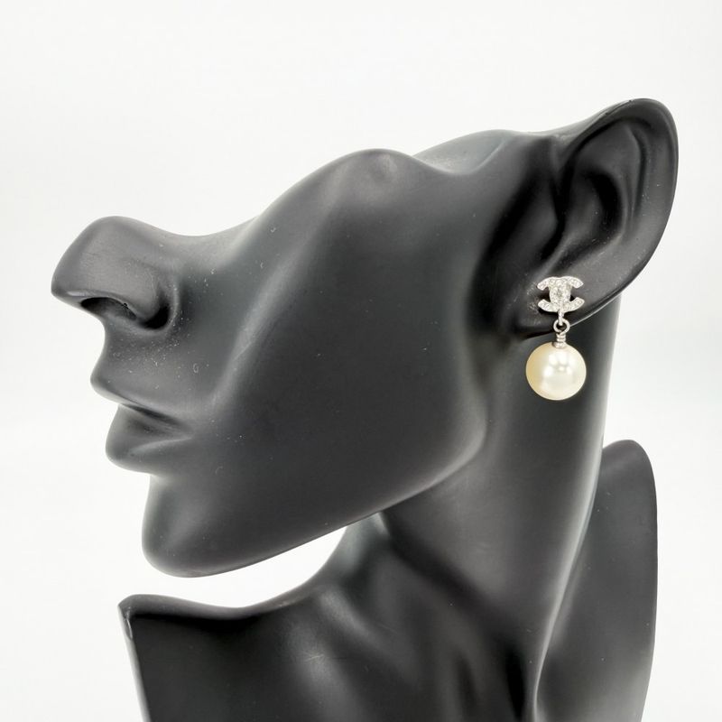 Chanel Earrings CC Logo Swing Rhinestone White Silver