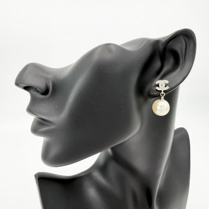 Chanel Earrings CC Logo Swing Rhinestone White Silver