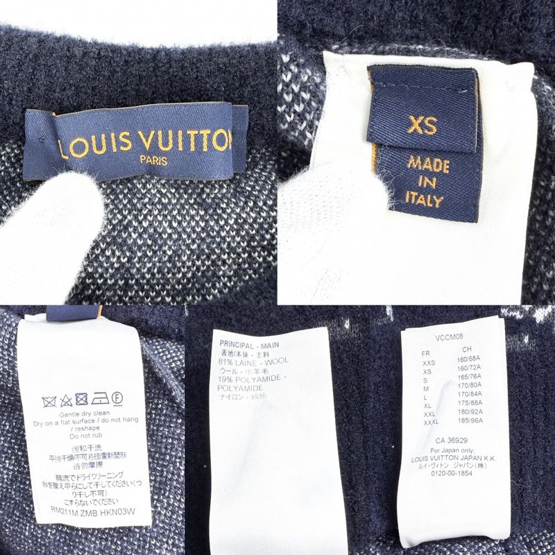 Louis Vuitton Knit Monogram Distressed Top Long Sleeve XS Navy Gray Wool Nylon