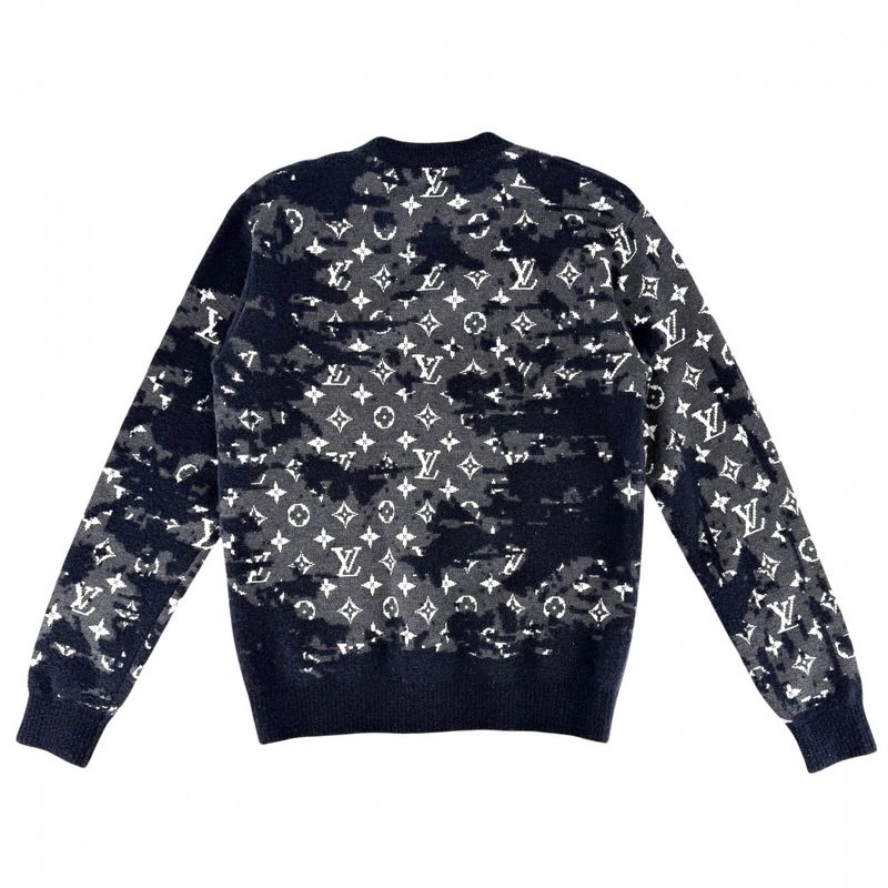 Louis Vuitton Knit Monogram Distressed Top Long Sleeve XS Navy Gray Wool Nylon