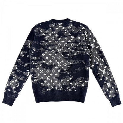Louis Vuitton Knit Monogram Distressed Top Long Sleeve XS Navy Gray Wool Nylon