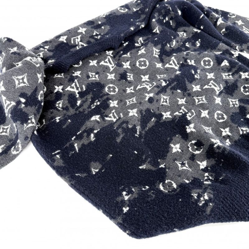 Louis Vuitton Knit Monogram Distressed Top Long Sleeve XS Navy Gray Wool Nylon
