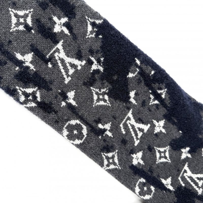 Louis Vuitton Knit Monogram Distressed Top Long Sleeve XS Navy Gray Wool Nylon