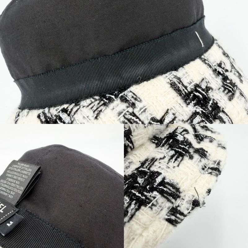 Chanel Hat Tweed Bucket Hat CC Logo M Wool Polyamide Black Ivory