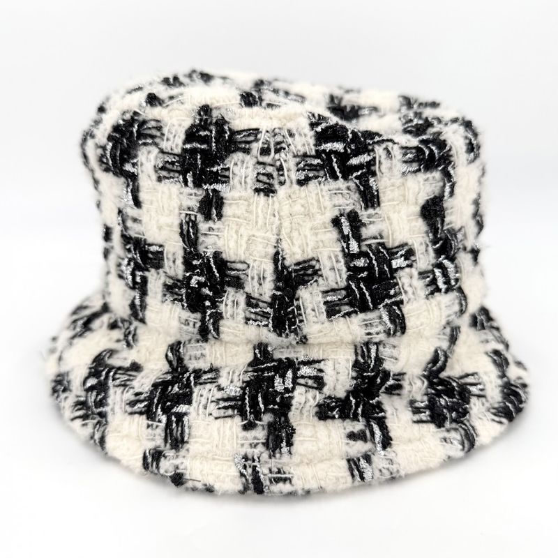Chanel Hat Tweed Bucket Hat CC Logo M Wool Polyamide Black Ivory