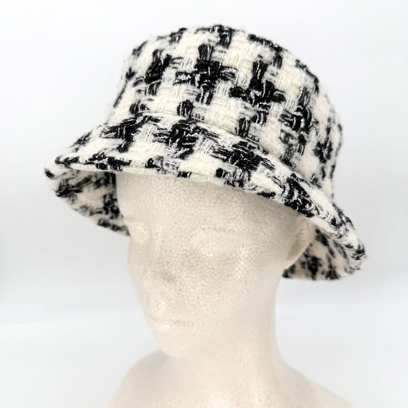 Chanel Hat Tweed Bucket Hat CC Logo M Wool Polyamide Black Ivory