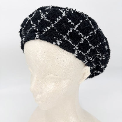 Chanel Beret Check Hat CC Logo M Cotton Polyamide Polyester Black White Spring