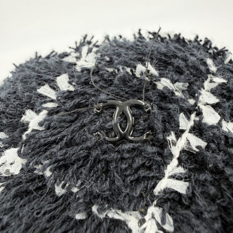 Chanel Beret Check Hat CC Logo M Cotton Polyamide Polyester Black White Spring