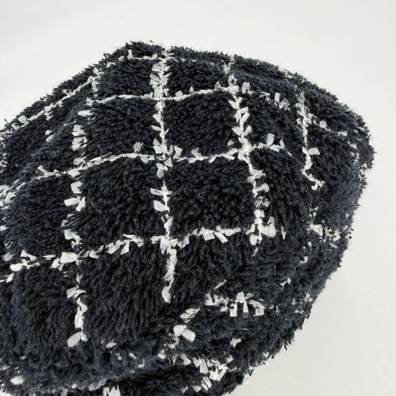 Chanel Beret Check Hat CC Logo M Cotton Polyamide Polyester Black White Spring