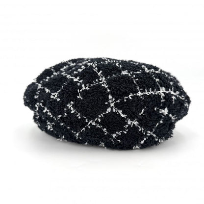 Chanel Beret Check Hat CC Logo M Cotton Polyamide Polyester Black White Spring