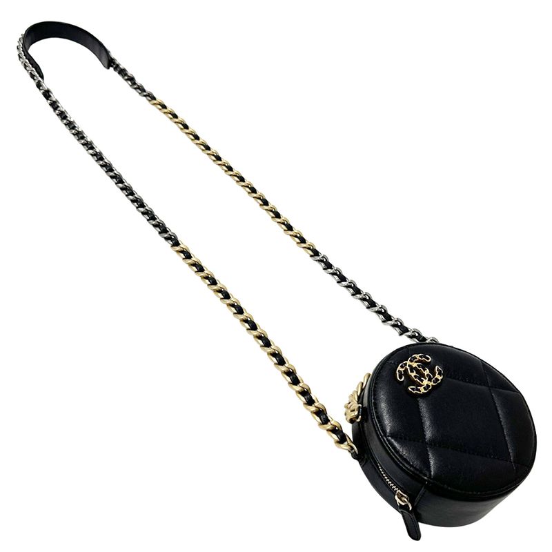 Chanel 19 Shoulder Bag Lambskin Black Gold Silver Micro Chain Crossbody Round