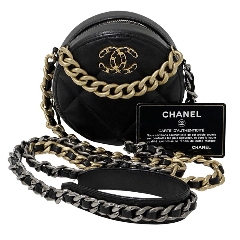 Chanel 19 Shoulder Bag Lambskin Black Gold Silver Micro Chain Crossbody Round