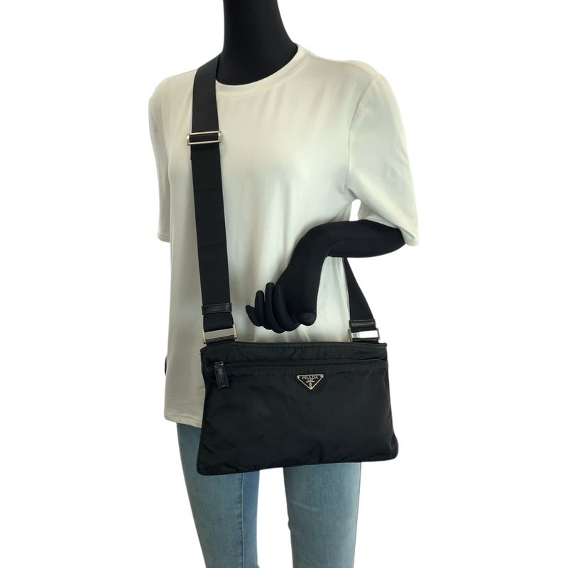 Prada Tessuto Black Silver Nylon Shoulder Bag