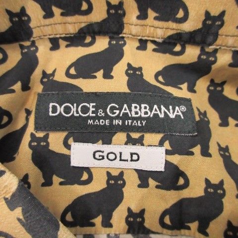 Dolce & Gabbana Gold Shirt XS Beige Cat Pattern Black Cat Animal All Over Long