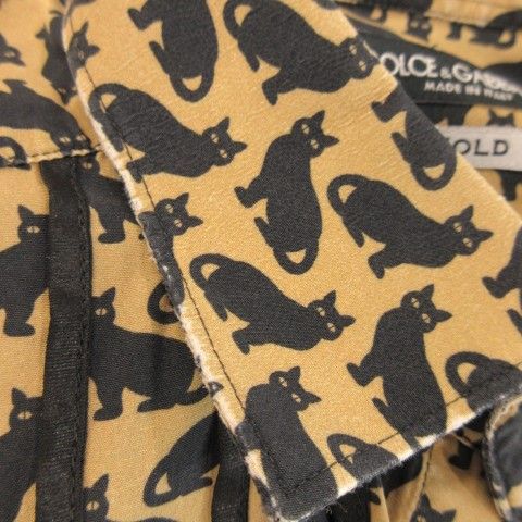 Dolce & Gabbana Gold Shirt XS Beige Cat Pattern Black Cat Animal All Over Long