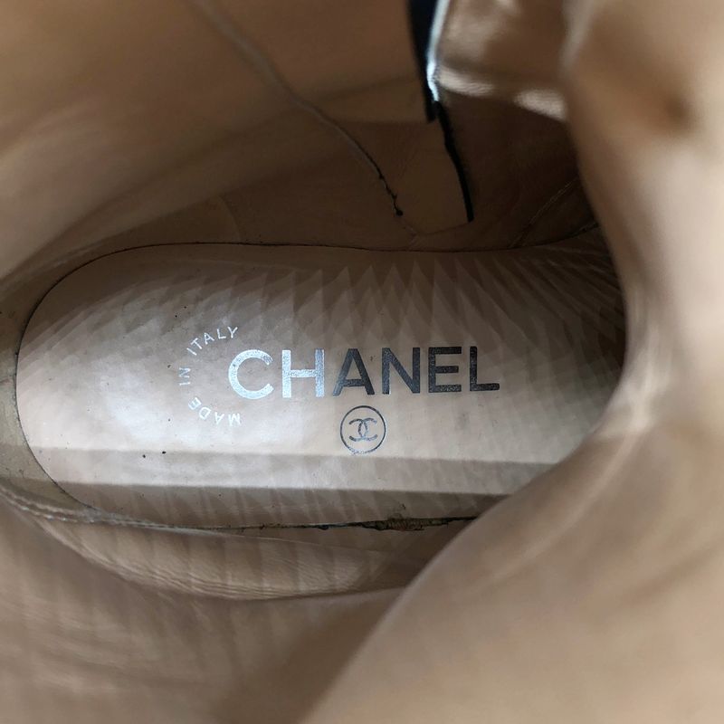 Chanel CC Logo Side Zip Lace Up Boots 36.5 Black