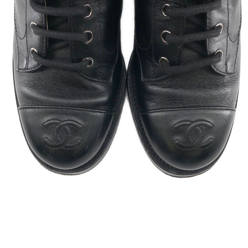 Chanel CC Logo Side Zip Lace Up Boots 36.5 Black