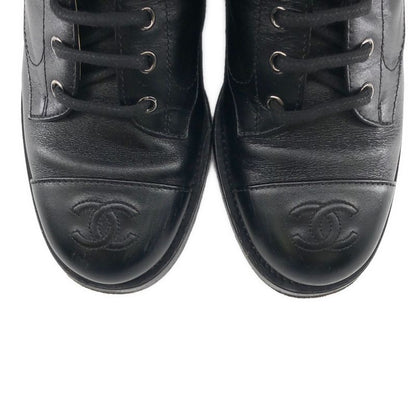 Chanel CC Logo Side Zip Lace Up Boots 36.5 Black