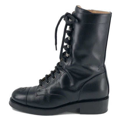 Chanel CC Logo Side Zip Lace Up Boots 36.5 Black