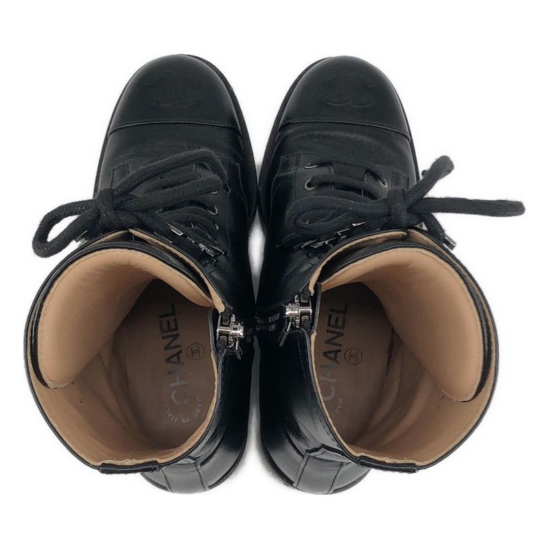 Chanel CC Logo Side Zip Lace Up Boots 36.5 Black