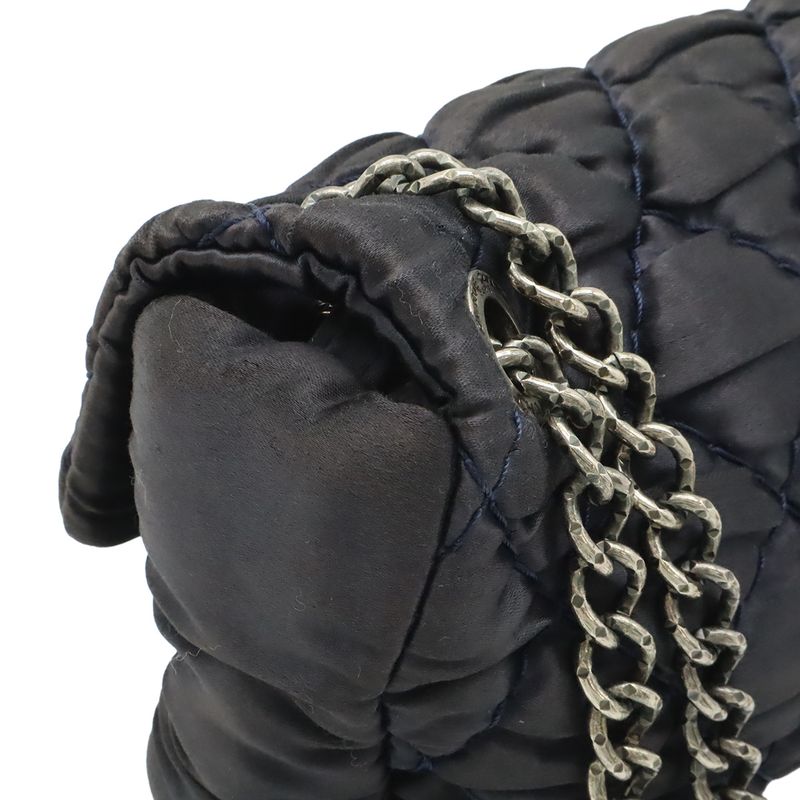 Chanel Wild Stitch Quilted CC Logo Chain Shoulder Bag Satin Dark Navy Blue