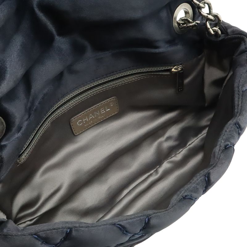 Chanel Wild Stitch Quilted CC Logo Chain Shoulder Bag Satin Dark Navy Blue
