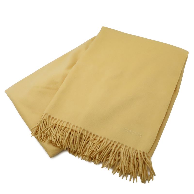 Hermes Shawl Large Throw Fringe Logo Embroidery Cashmere Cream Yellow Scarf