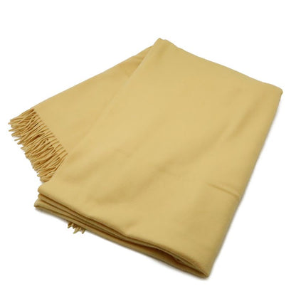 Hermes Shawl Large Throw Fringe Logo Embroidery Cashmere Cream Yellow Scarf