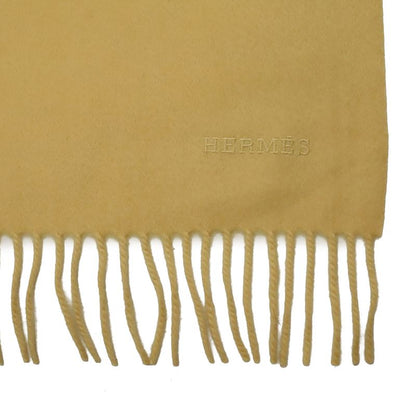 Hermes Shawl Large Throw Fringe Logo Embroidery Cashmere Cream Yellow Scarf