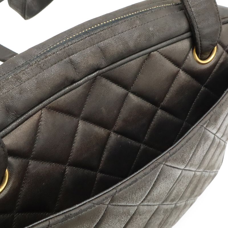 Chanel CC Logo Quilted Tote Shoulder Bag Leather Black Gold