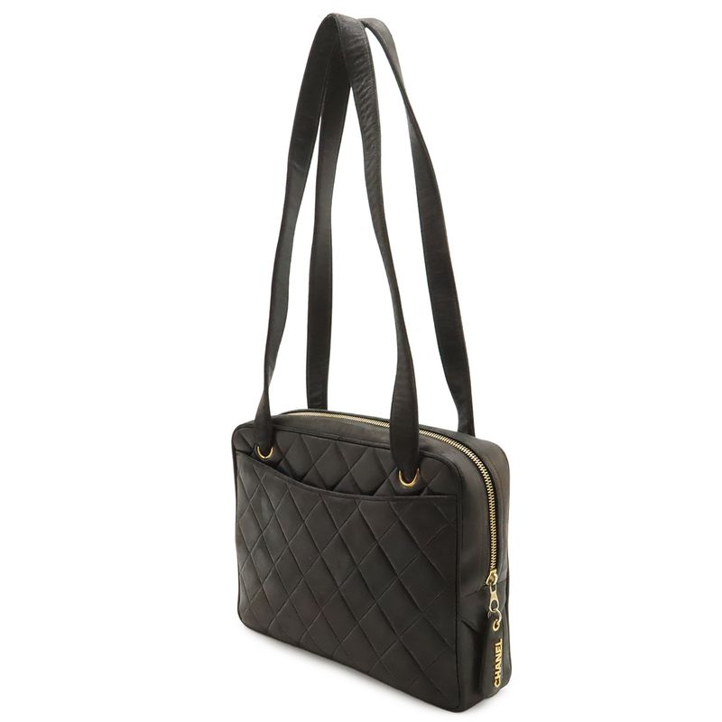 Chanel CC Logo Quilted Tote Shoulder Bag Leather Black Gold