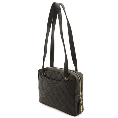 Chanel CC Logo Quilted Tote Shoulder Bag Leather Black Gold