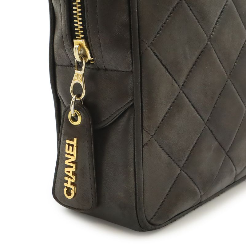 Chanel CC Logo Quilted Tote Shoulder Bag Leather Black Gold