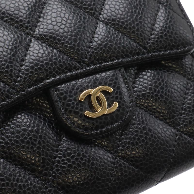 Chanel Quilted CC Logo Classic Small Flap Wallet Trifold Caviar Leather Black