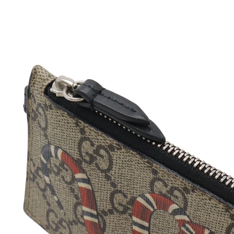 Gucci GG Supreme Kingsnake Coin Purse Card Holder Neck Strap Leather Beige Red