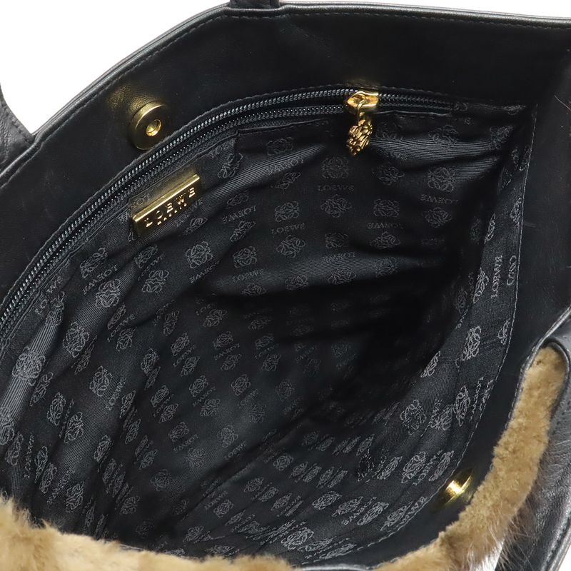 Loewe Fur Tote Leather Dark Brown Black