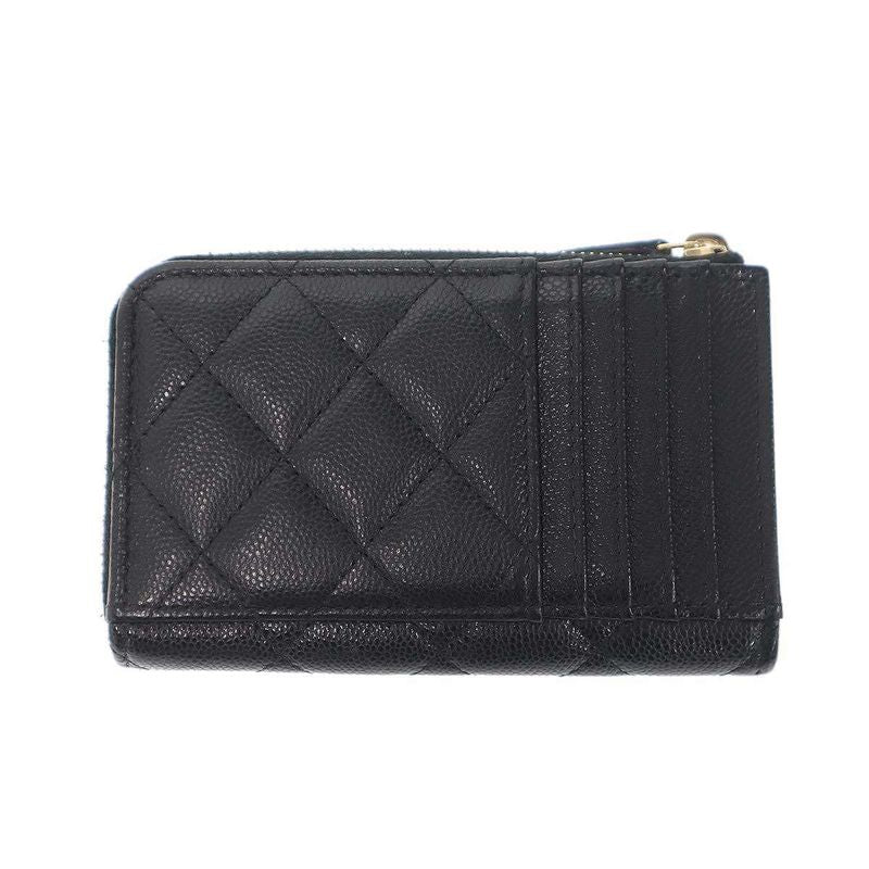 Chanel Quilted Shiny Grained Caviar Classic Zip Fragment Card Case Black
