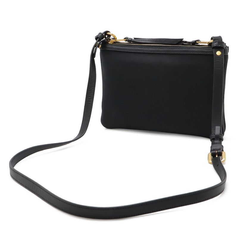 Prada Logo Jacquard Ribbon Shoulder Bag Pochette 2-Way Clutch Leather Nero