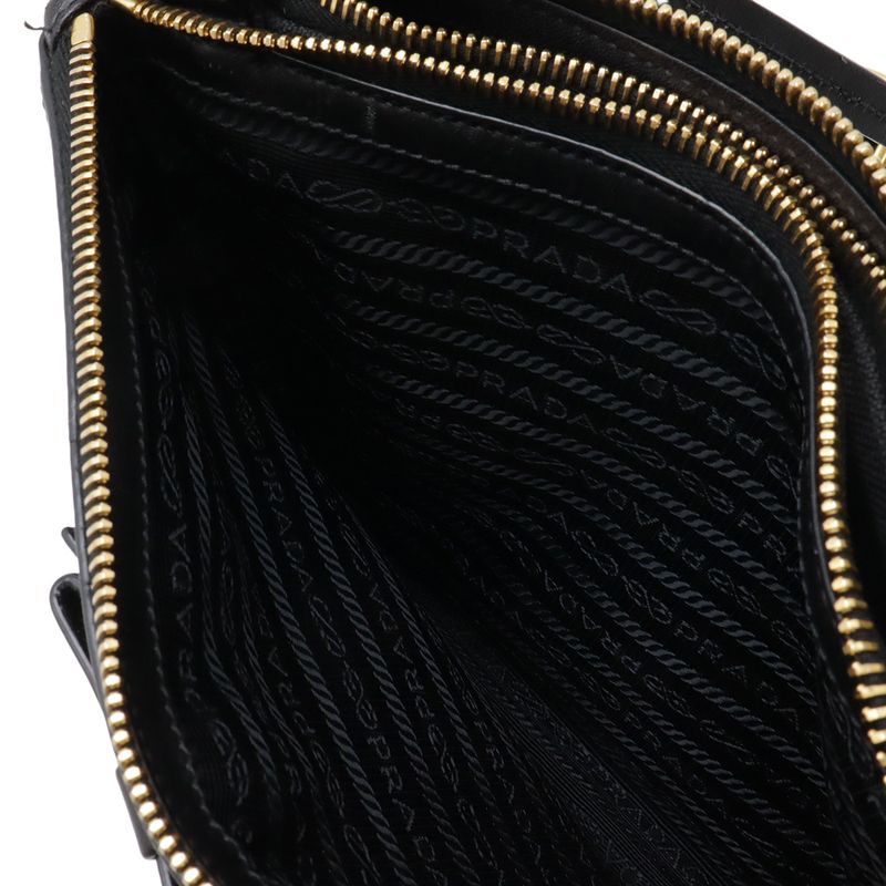 Prada Logo Jacquard Ribbon Shoulder Bag Pochette 2-Way Clutch Leather Nero