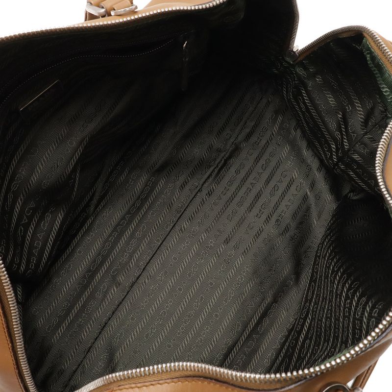 Prada Mini Boston Bag 2-Way Shoulder Leather Camel Light Brown Silver