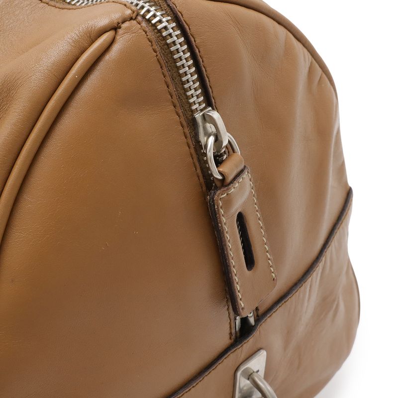 Prada Mini Boston Bag 2-Way Shoulder Leather Camel Light Brown Silver