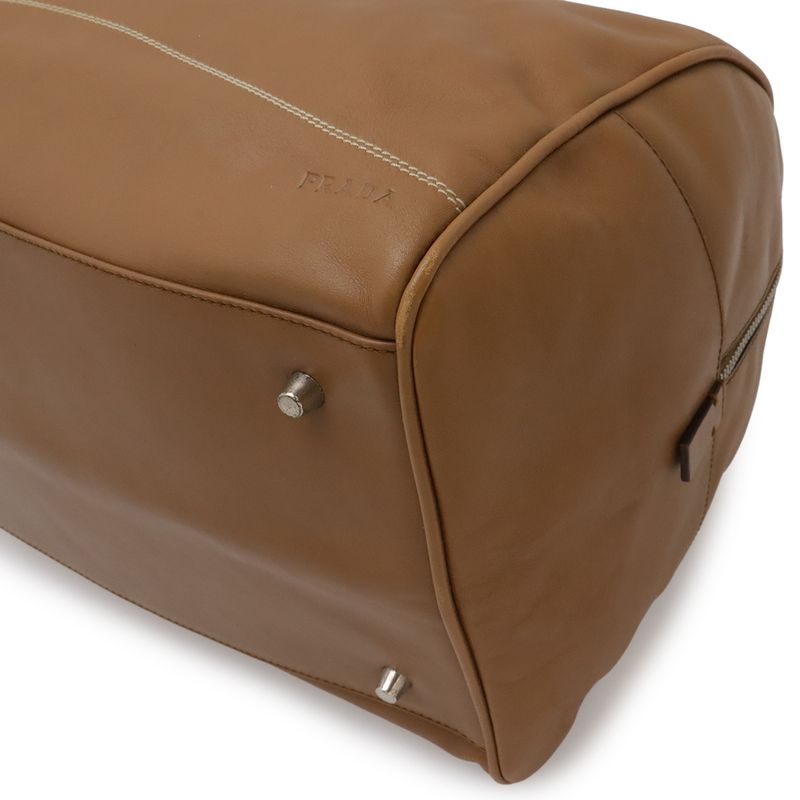 Prada Mini Boston Bag 2-Way Shoulder Leather Camel Light Brown Silver