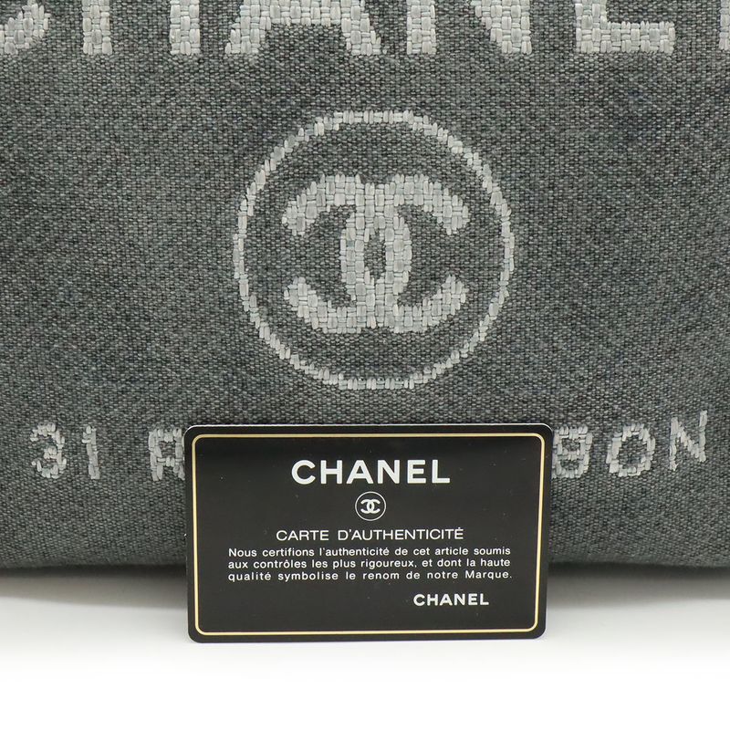 Chanel Deauville Tote Shoulder Bag Chain Canvas Leather Gray Black