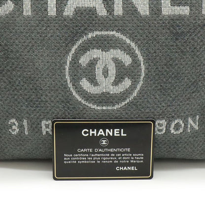 Chanel Deauville Tote Shoulder Bag Chain Canvas Leather Gray Black