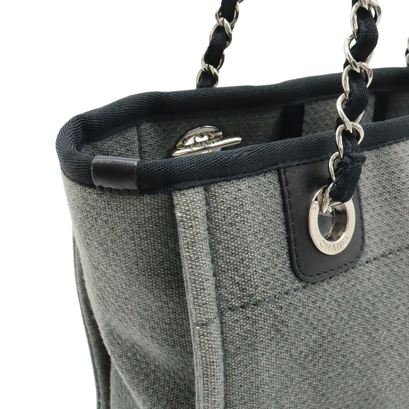Chanel Deauville Tote Shoulder Bag Chain Canvas Leather Gray Black