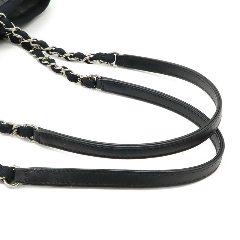 Chanel Deauville Tote Shoulder Bag Chain Canvas Leather Gray Black