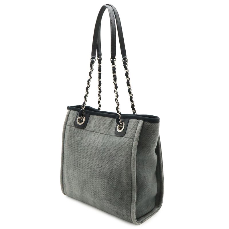Chanel Deauville Tote Shoulder Bag Chain Canvas Leather Gray Black